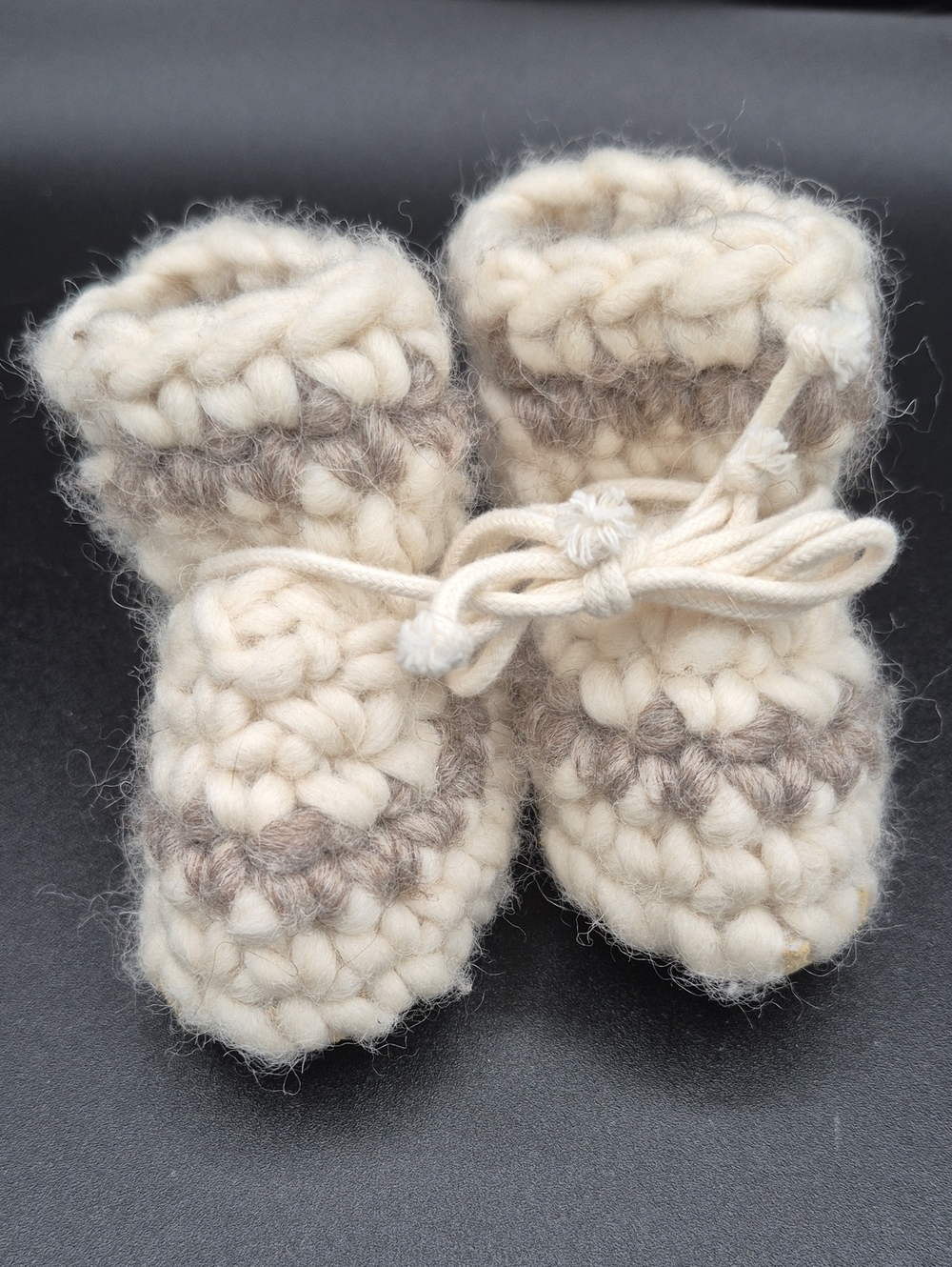 Handmade Wool And Leather Chunky Crochet Baby Booties in Cream and Taupe